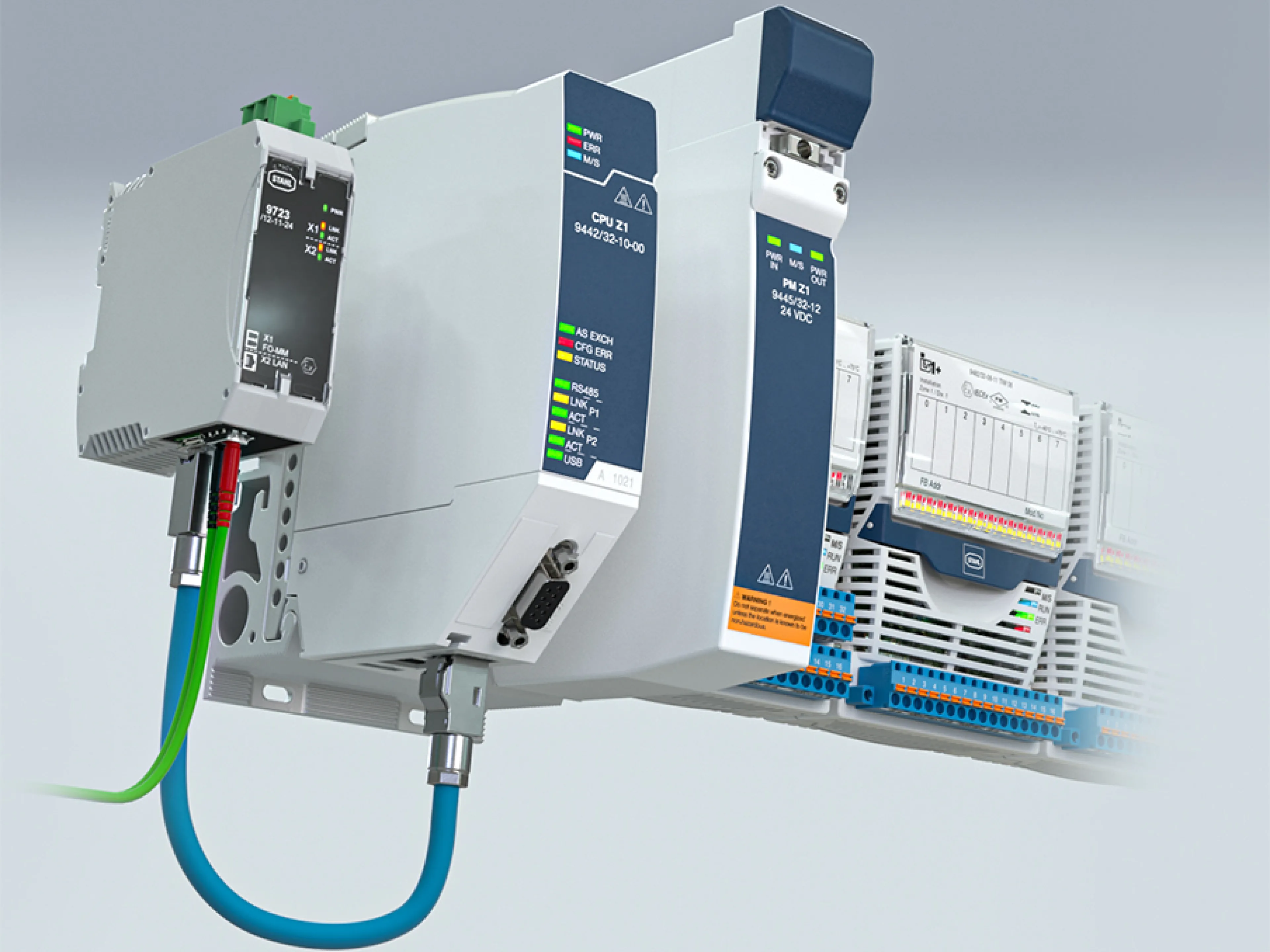 Remote I/O system for Zone 1 with Ex i Ethernet and fiber optic cables, Photo: R. Stahl Remote I/O system from R. Stahl for Zone 1 with Ex i Ethernet and fiber optic cables