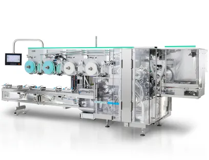 High-speed packaging machine CHS packs 1,600 products per minute into letter folds, Photo: Theegarten-Pactec High-speed packaging machine CHS of Theegarten-Pactec packs 1,600 products per minute into letter folds